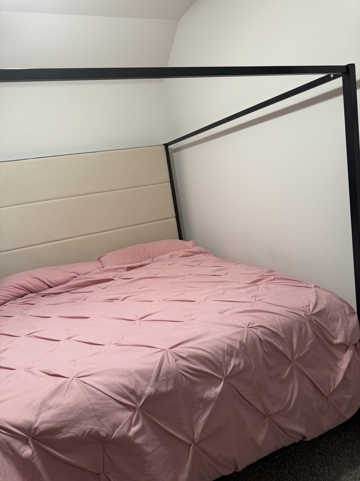LUMISOL Queen Size Metal Canopy Bed Frame with Headboard, Gold 4-Poster Canopy Bed with Tall Linen Upholstered, Box Spring Needed, Easy Assembly, Gold + Tan customer photo 1