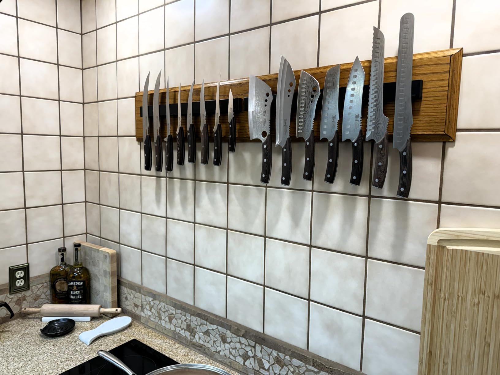 Dmore magnetic knife holder for wall—with 2 hooks, No Drilling 20 Inch walnut knife magnetic strip, Powerful knife magnet rack, include Adhesive Tape and screws for Knives, Utensils, and Tools customer photo 2